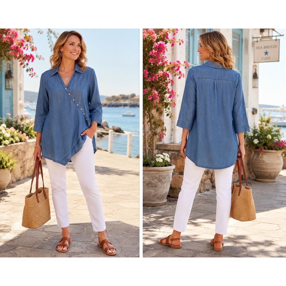 Soft Surroundings Boho Chic Blue Denim Asymmetrical Button Wrap Tunic Top Medium